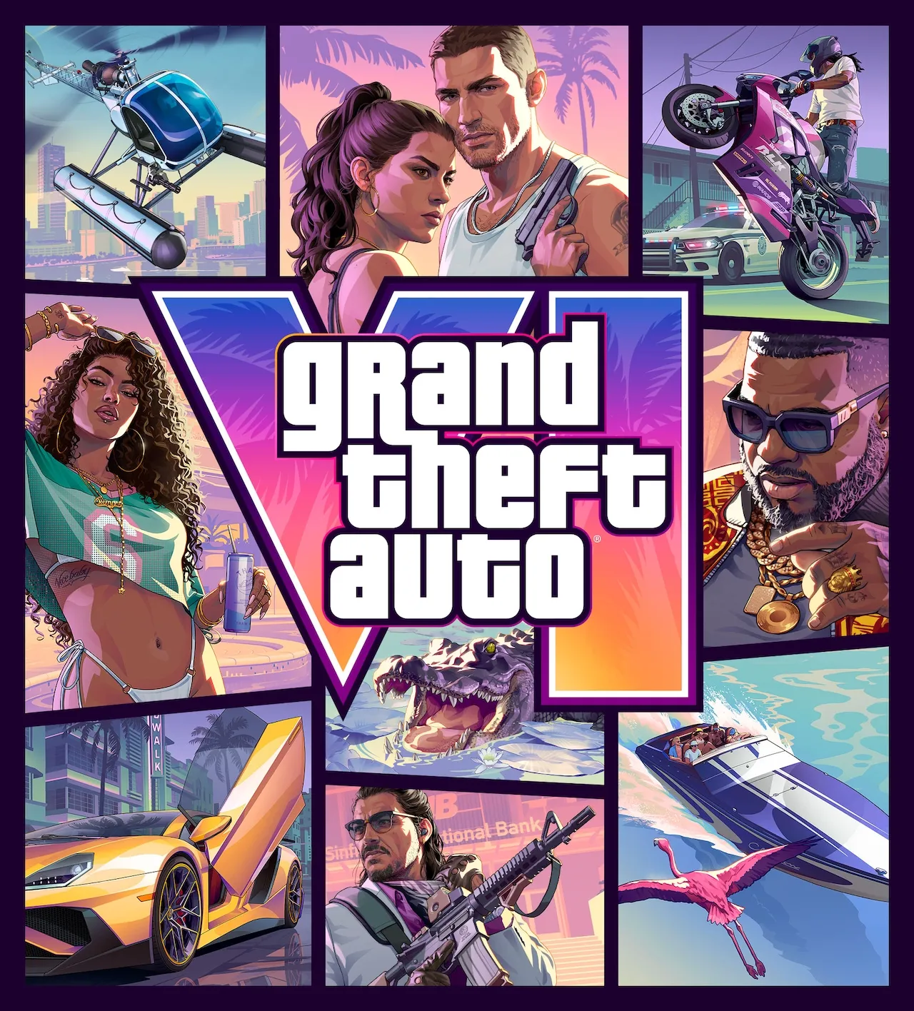 Offizielles Grand-Theft-Auto-VI-Cover — Jason und Lucia unter dem VI-Logo, umgeben von Leonida-Szenen.