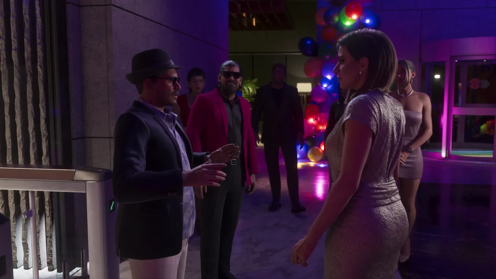 Guests in evening dress at the Megamundo party in Vice City, from Grand Theft Auto VI, An Extended Look.