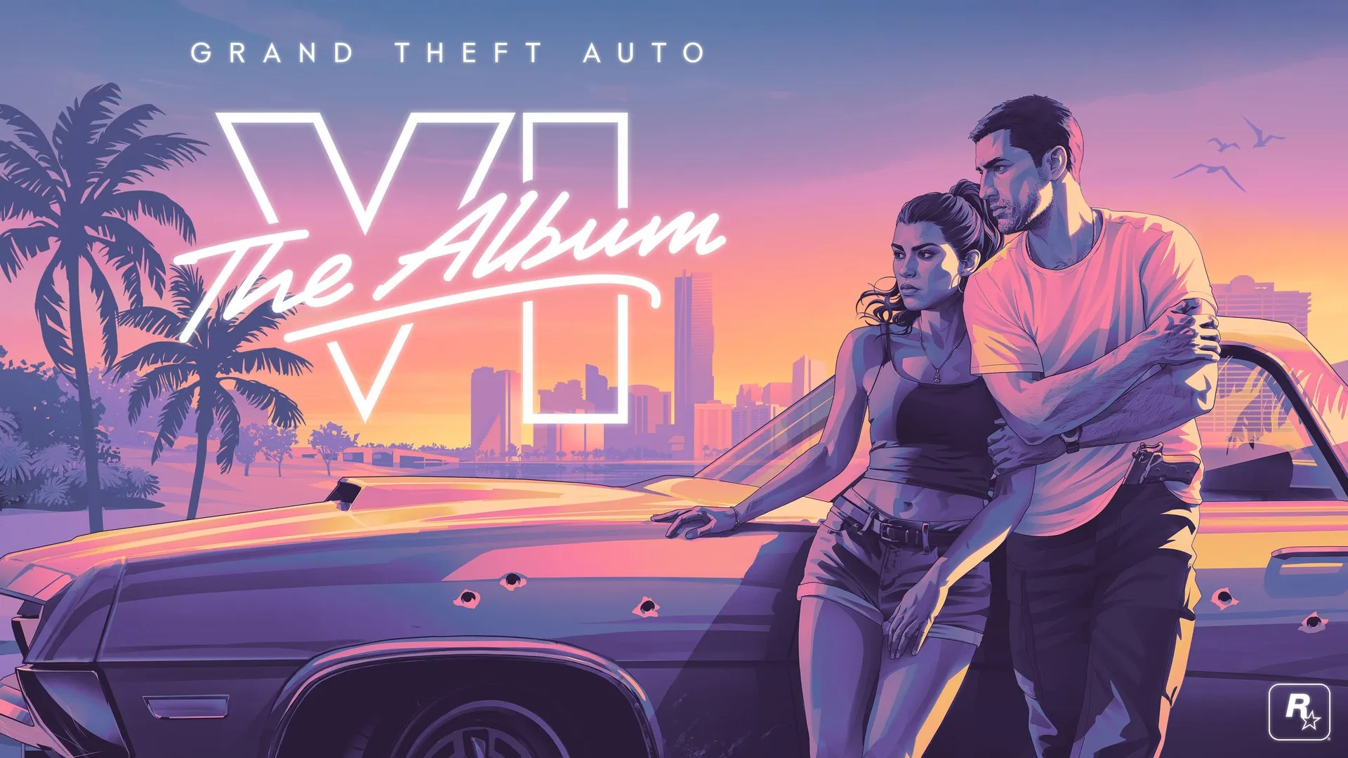 Key art for Grand Theft Auto VI: The Album. Lucia and Jason lean against a bullet-holed car at sunset, the Vice City skyline and palms behind them, the album logo across the top. Official Rockstar artwork.