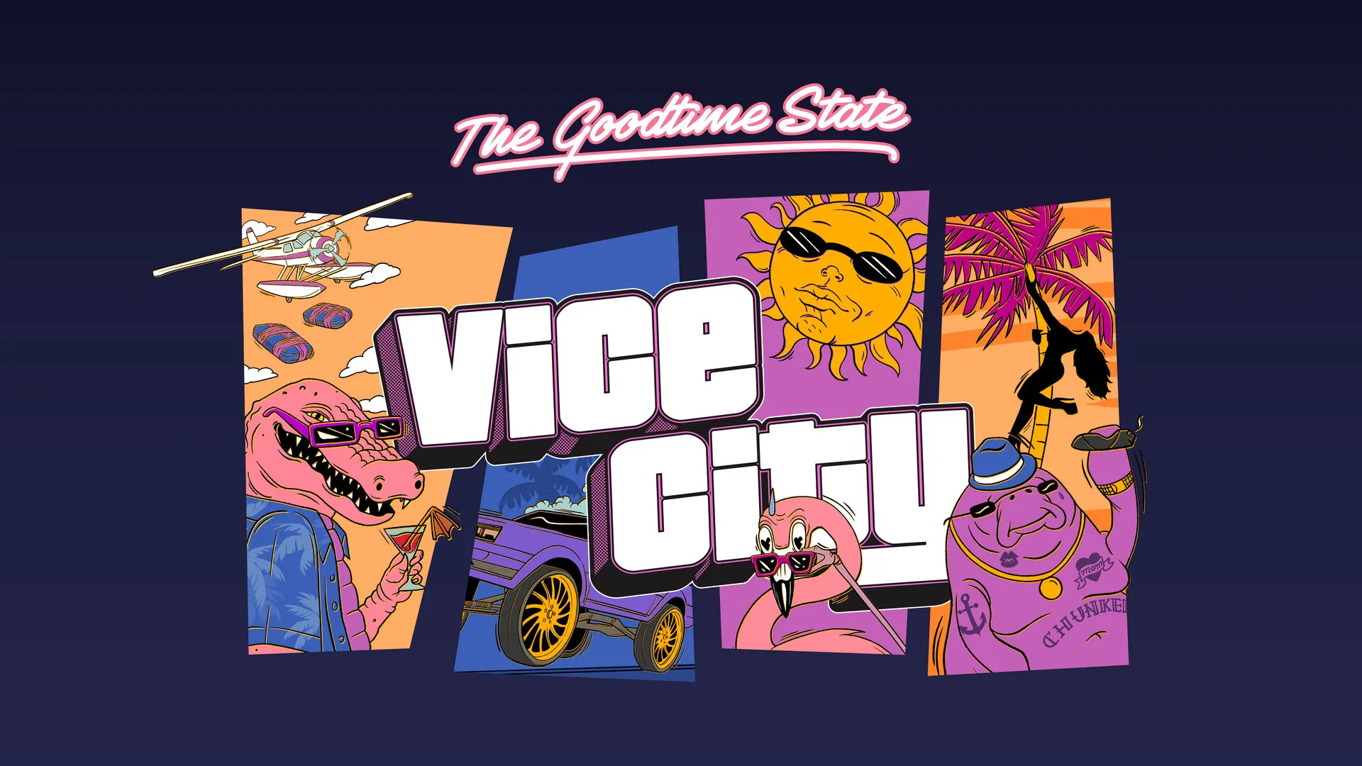 Key art for The Goodtime State, Vice City Collection: cartoon panels with Macca the Gator holding a cocktail, a lowrider, a sun in sunglasses, a flamingo and Chunkee the Manatee around a big Vice City logo. Official Rockstar artwork.