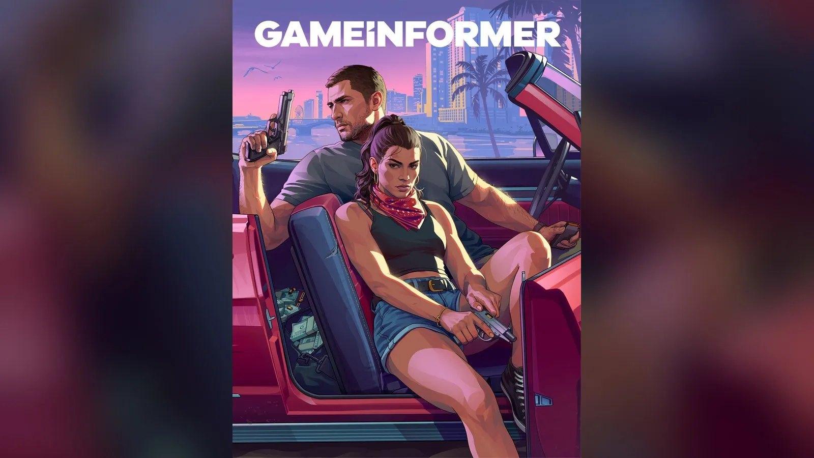 Okładka numeru 382 Game Informera: Jason i Lucia w czerwonym kabriolecie na tle wieżowców Vice City o zachodzie słońca, Jason trzyma pistolet przy ramieniu, Lucia w czerwonej bandanie z pistoletem na kolanach, pod nogami torba z gotówką. Oryginalna grafika Rockstar na rozmytym tle.