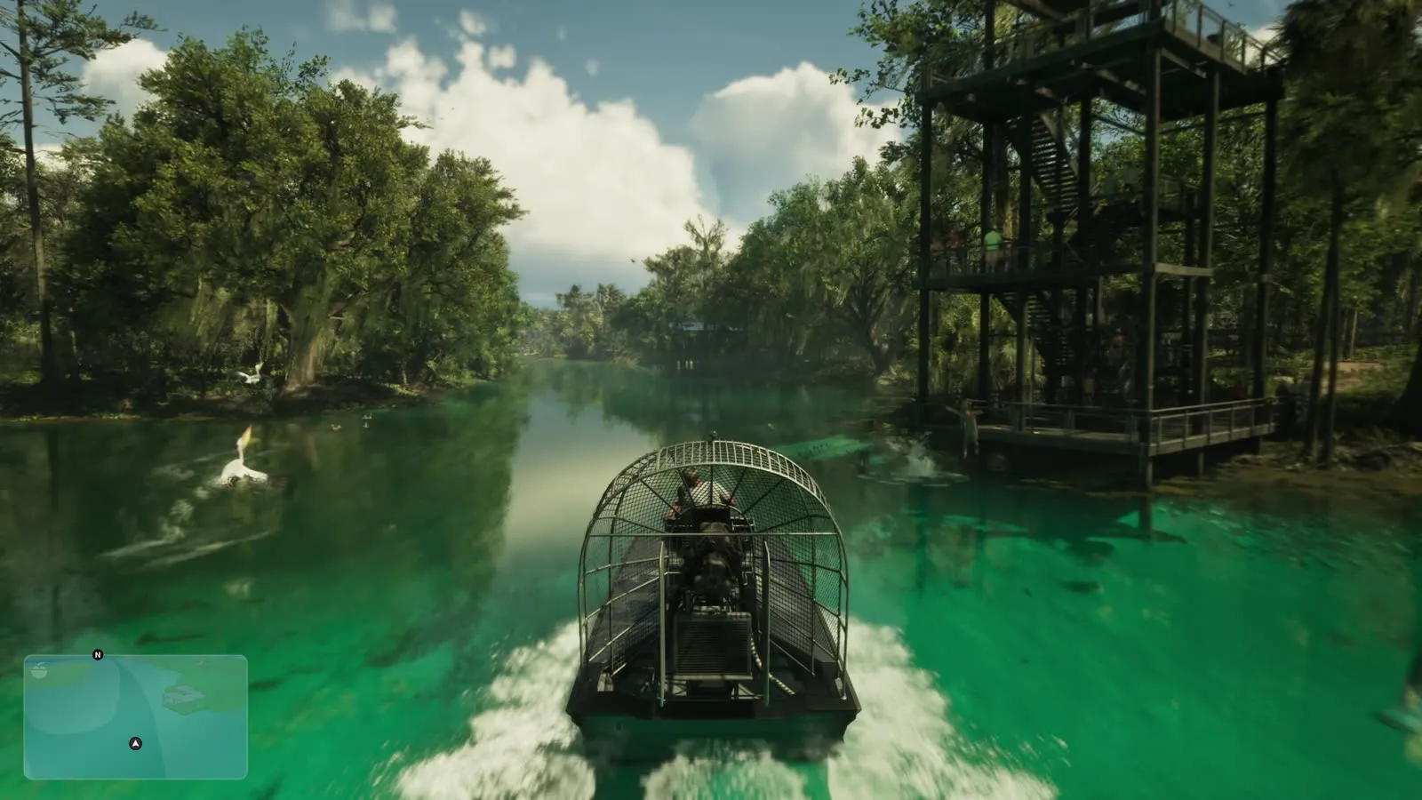 An airboat crossing green swamp water in the Leonida wetlands, from Grand Theft Auto VI, An Extended Look