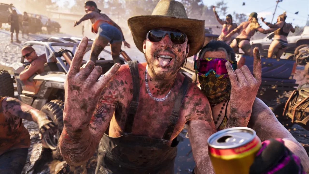 Una multitud cubierta de barro sobre buggies en una fiesta en el campo