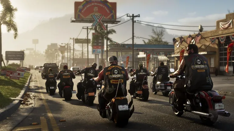 Ambrosia official screenshot from the GTA VI website - a motorcycle gang in matching leather vests riding down a road