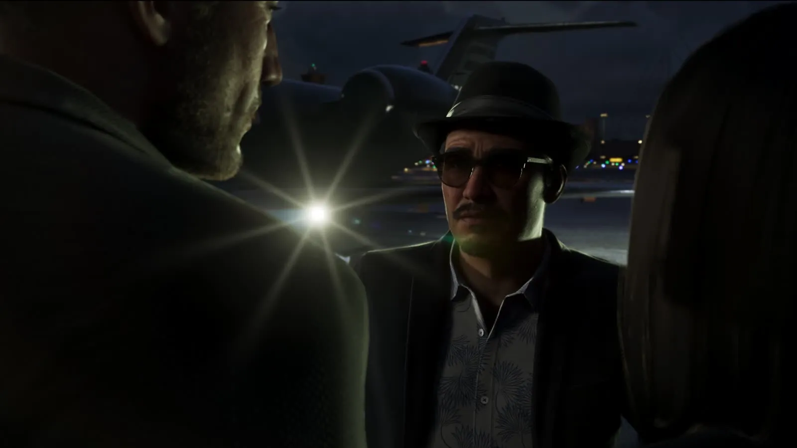 The executive Jason and Lucia are hired to protect, arriving by private jet at night, from Grand Theft Auto VI, An Extended Look