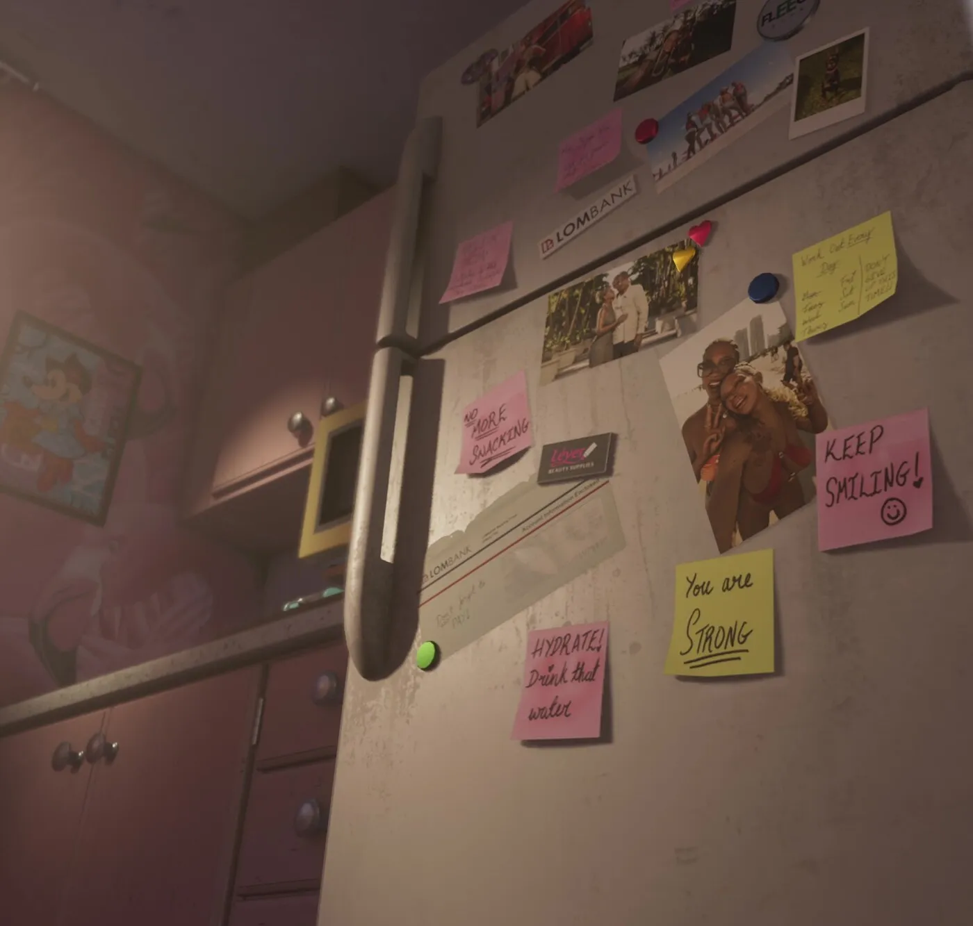 The apartment fridge covered in handwritten sticky notes, photos and a Lombank statement, from Grand Theft Auto VI, An Extended Look