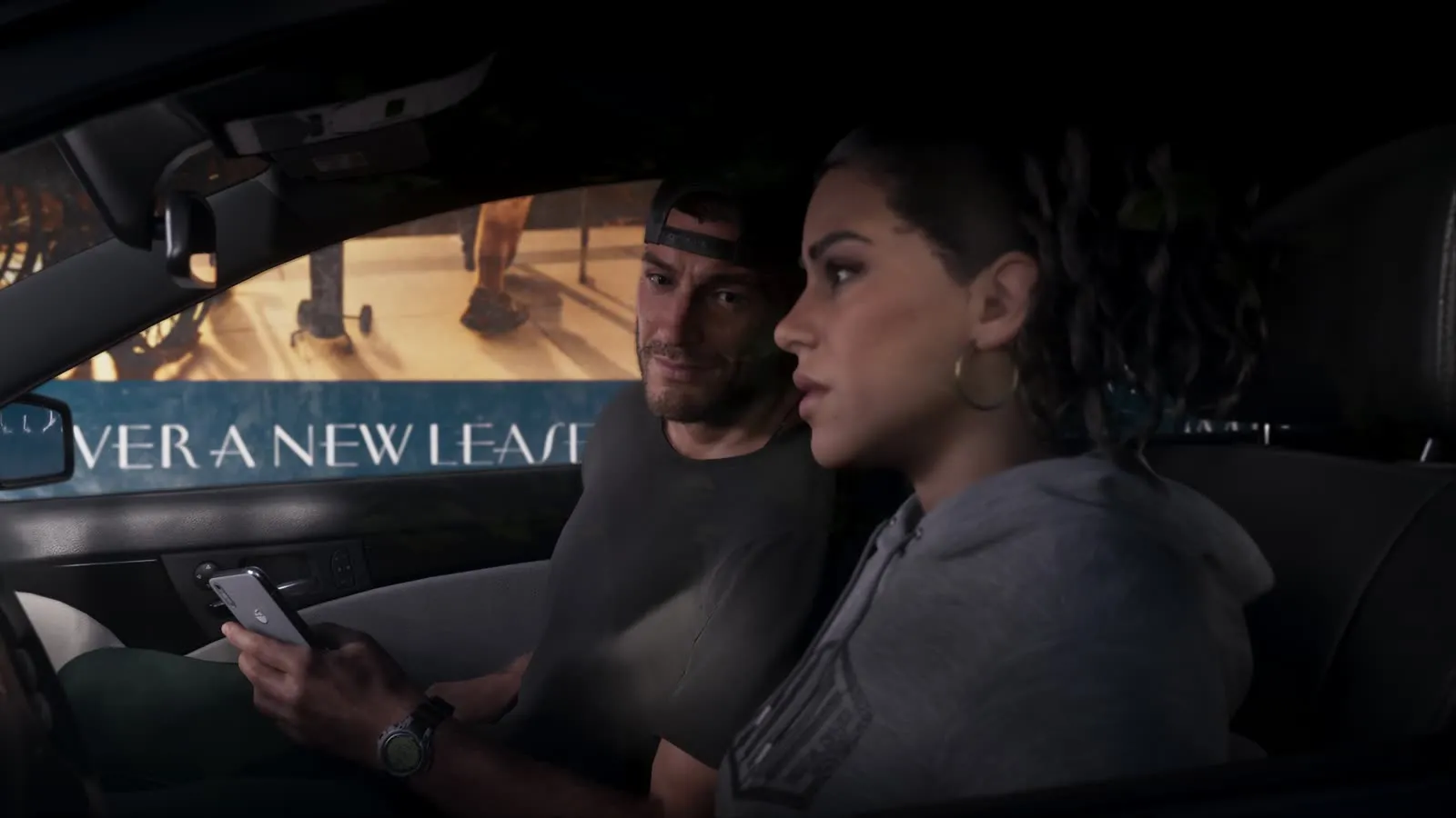 Jason and Lucia in the car during the getaway, from Grand Theft Auto VI, An Extended Look