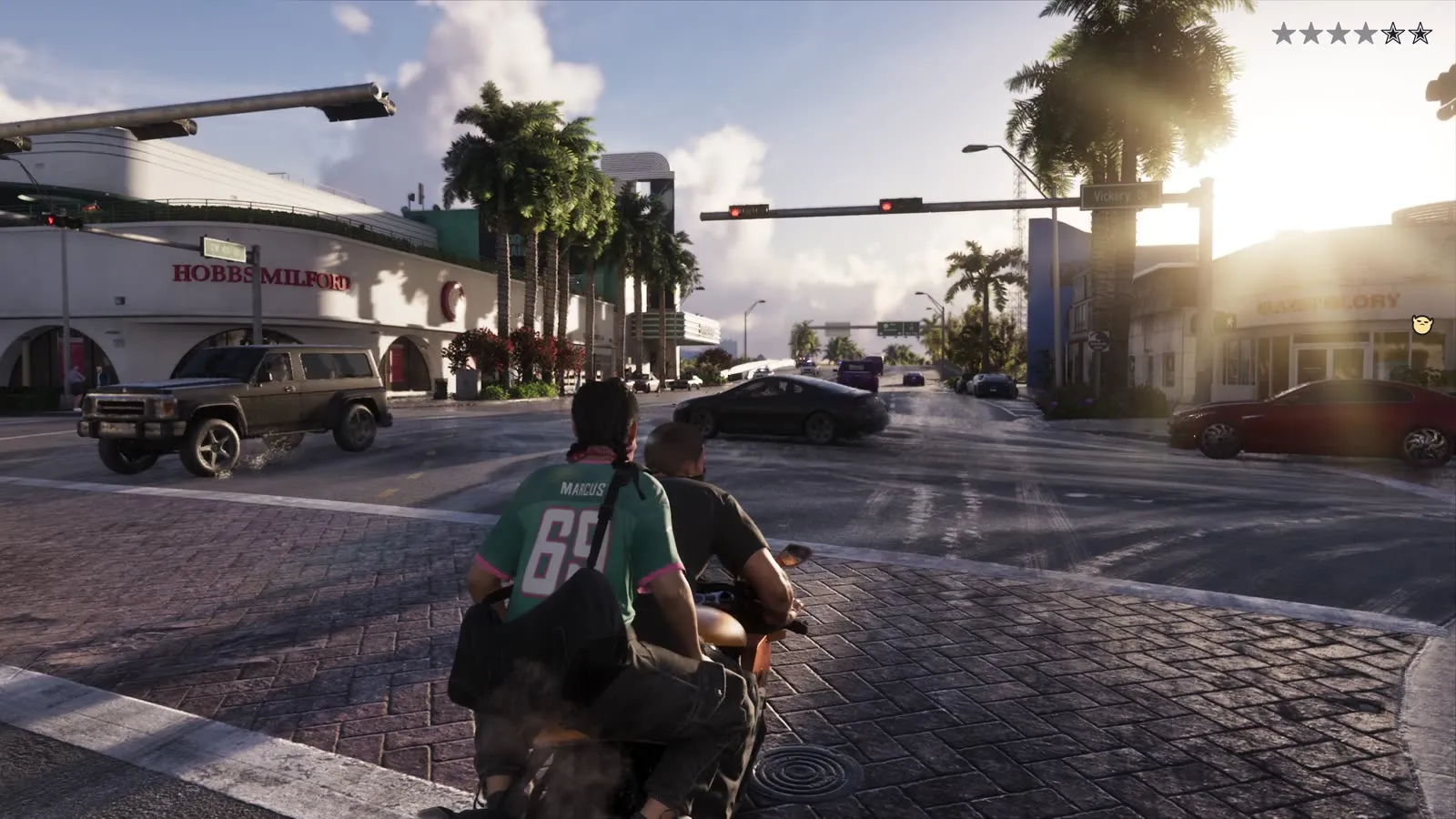 A dirt bike on a Bayside street with the wanted meter on screen, from the GTA 6 Extended Look