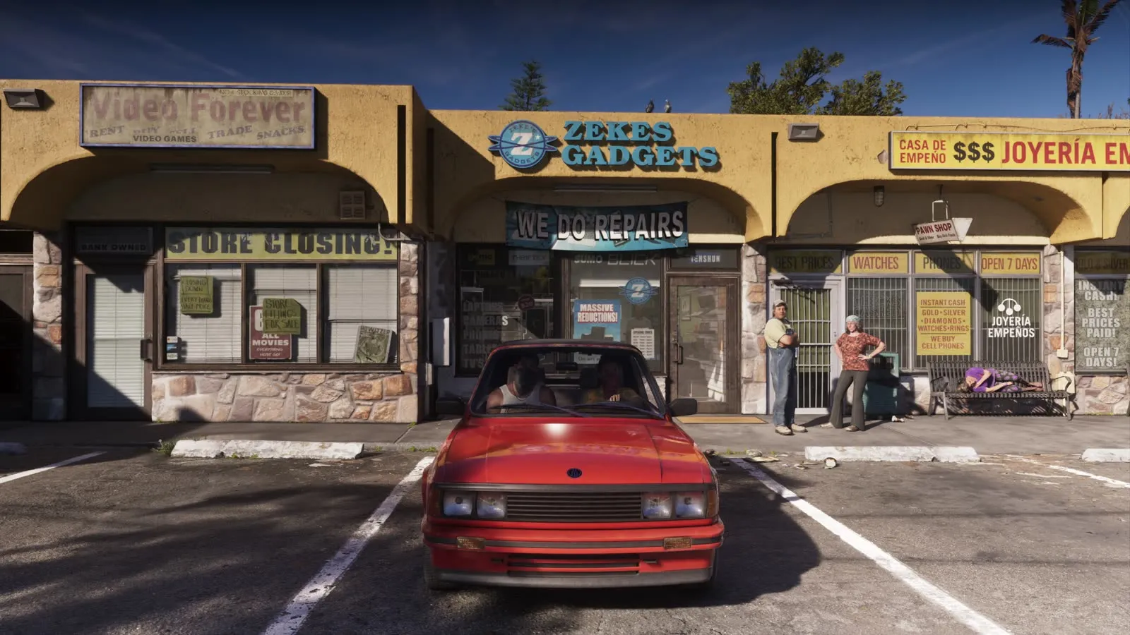 A row of Bayside storefronts with a red convertible parked in front, from Grand Theft Auto VI, An Extended Look