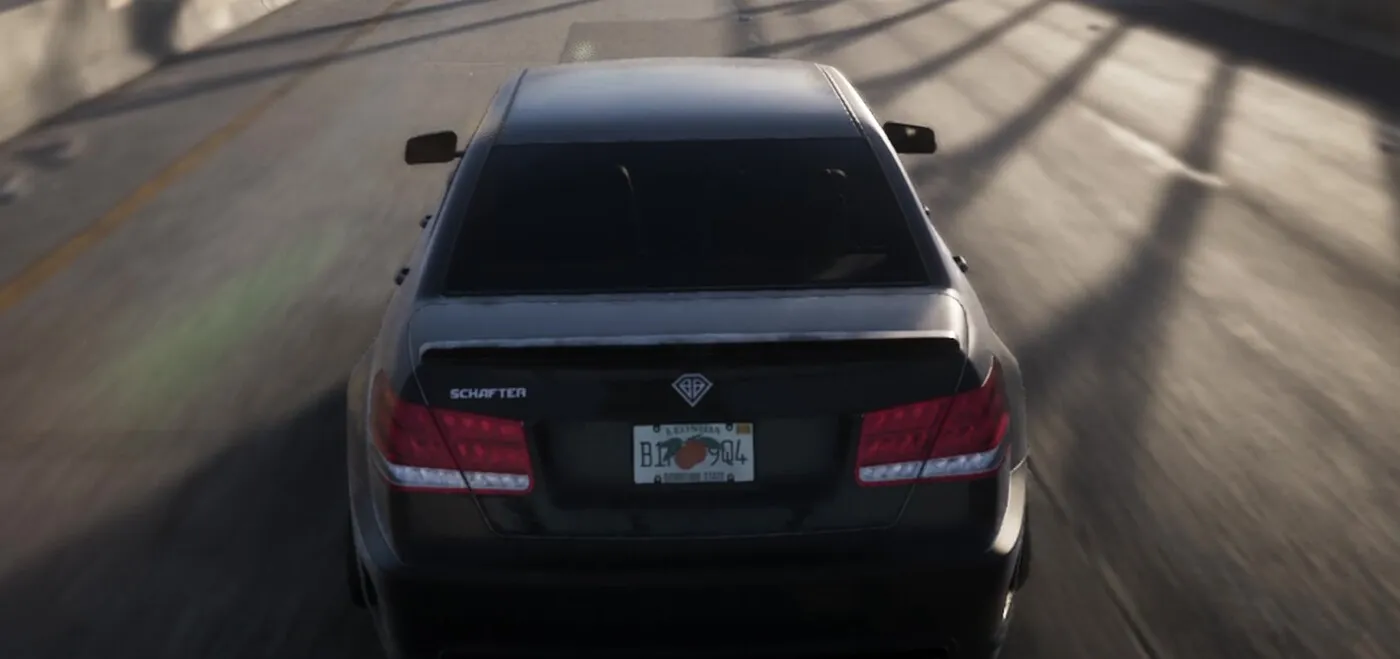 The SCHAFTER badge, Benefactor roundel and Leonida number plate on the rear of the saloon, from the GTA 6 Extended Look
