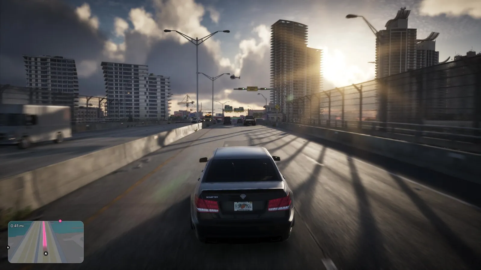 A dark Benefactor Schafter saloon driving a Vice City expressway into a low sun, from Grand Theft Auto VI, An Extended Look