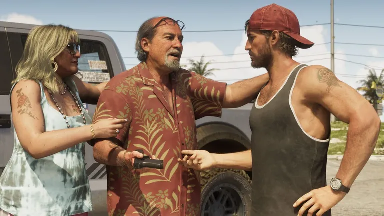 Arte oficial de Brian Heder de la web de GTA VI: Brian en camiseta sin mangas y bandana, apoyado en una barandilla con dos latas delante