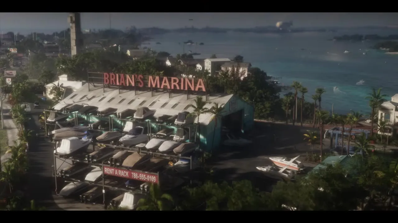 Brian's Marina, przystań z regałami na łodzie nad wodą, z GTA 6 Launch Trailer