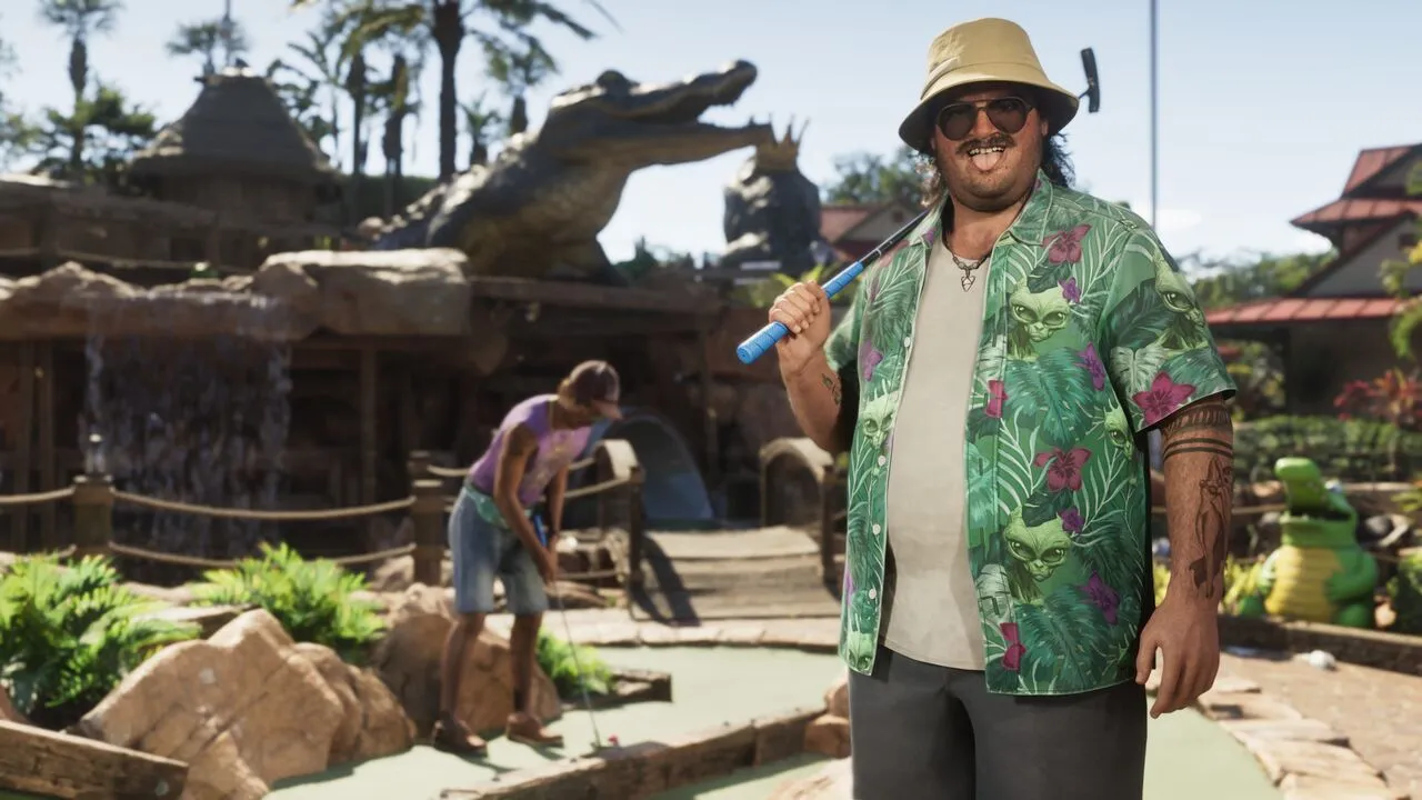 Cal Hampton official artwork from the GTA VI website - Cal and another man playing mini golf at a course decorated with fake alligators