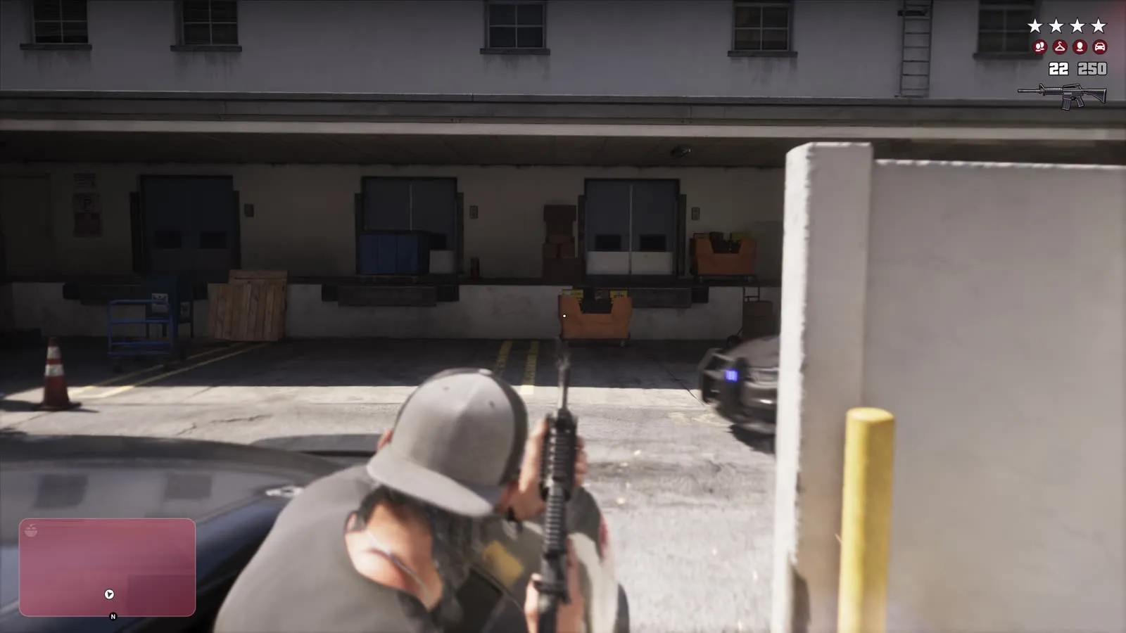 Jason holding the carbine behind cover with the wanted meter on screen, from the GTA 6 Extended Look