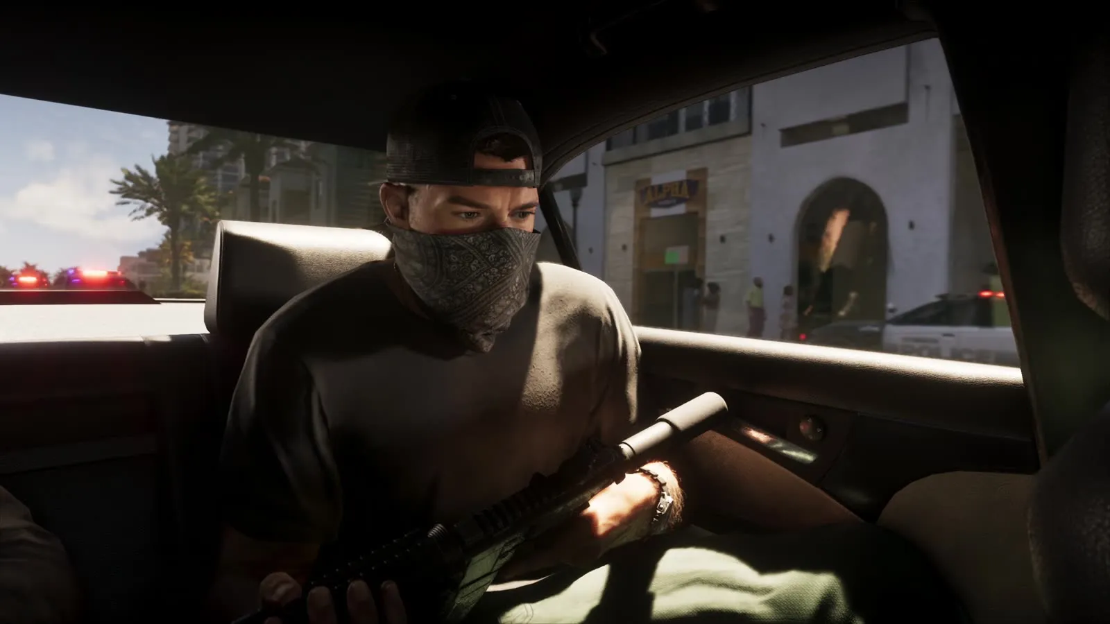 A masked shooter working the carbine out of a moving car during the getaway, from the GTA 6 Extended Look