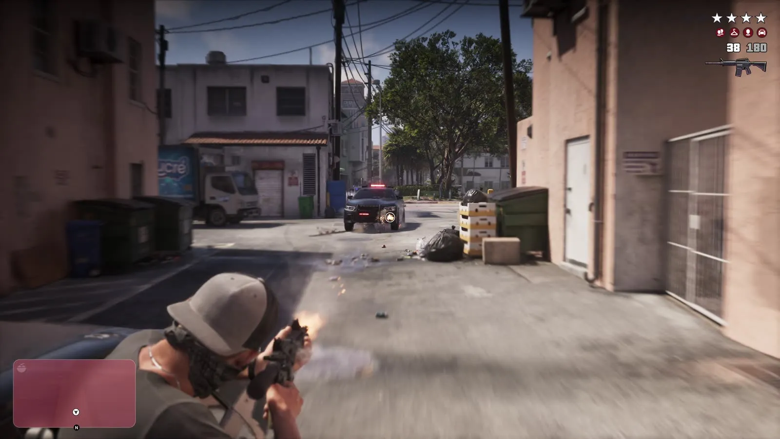 Jason firing a carbine rifle in an alley with the wanted meter on screen, from Grand Theft Auto VI, An Extended Look