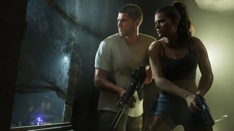 Jason with a carbine and Lucia with a pistol against a wall in a dark room, police lights outside