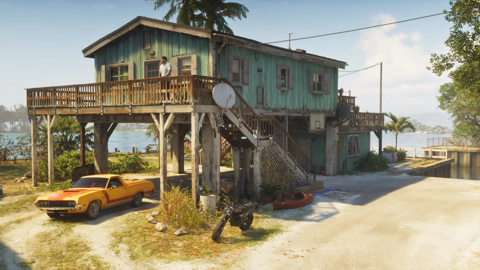 The stilt-house safehouse with its parked vehicles, from the same official Rockstar render batch