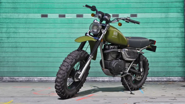 Official Rockstar render of the Dinka Enduro, an olive-green trail motorcycle on knobbly tyres against a turquoise wall, a GTA VI Ultimate Edition vehicle