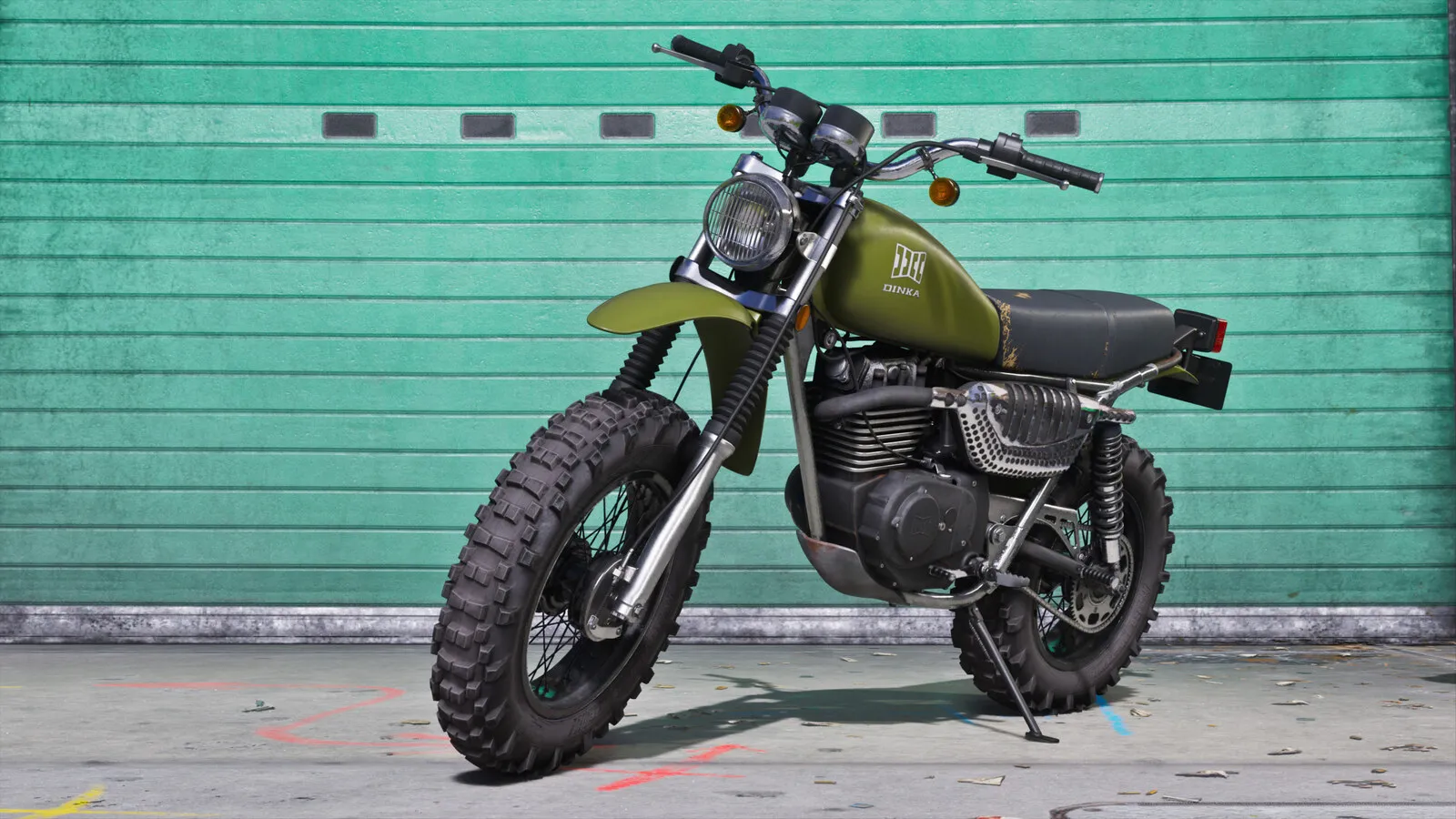 Official Rockstar render of the Dinka Enduro, an olive-green trail motorcycle on knobbly tyres against a turquoise wall, a GTA VI Ultimate Edition vehicle