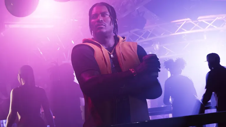 Dre'Quan Priest official artwork from the GTA VI website - Dre'Quan in a club, crossing his arms with a drink in his hand