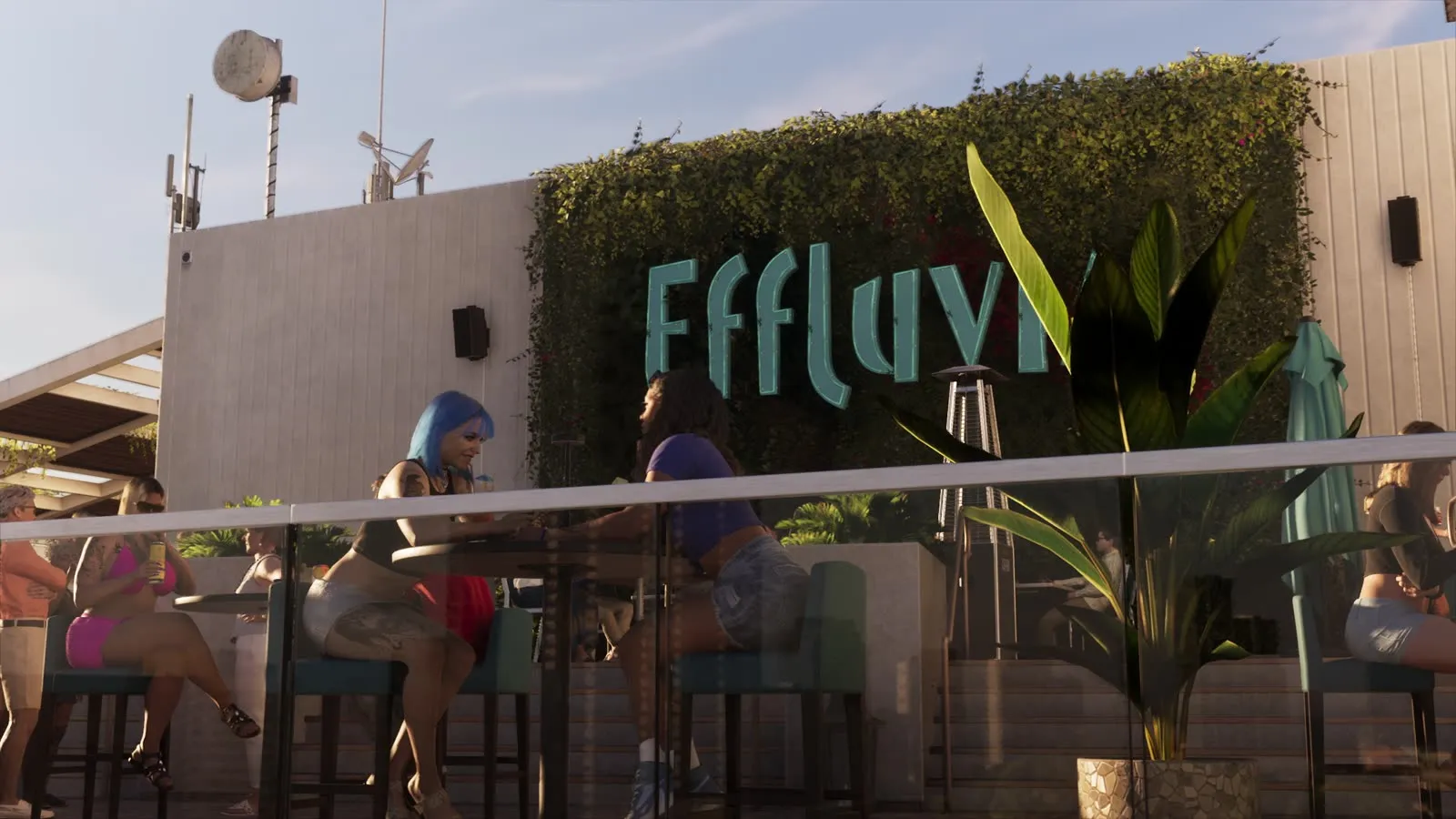 The Effluvia sign in green lettering above the rooftop bar, from the GTA 6 Extended Look