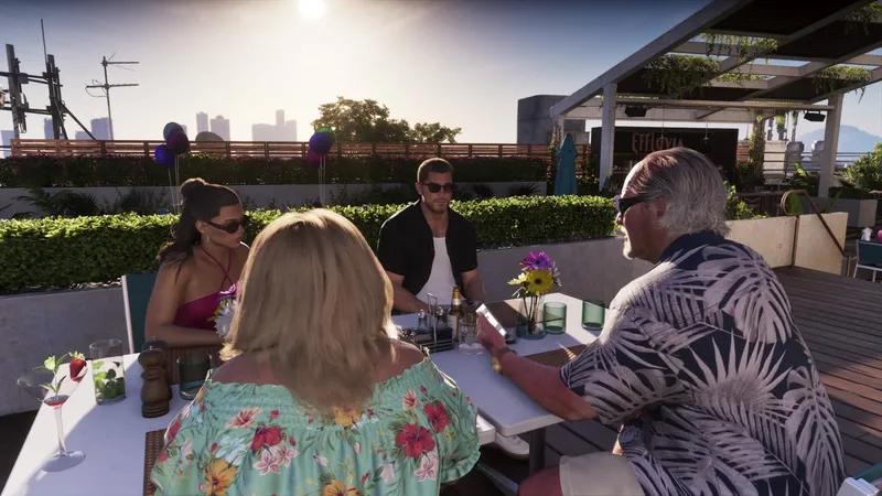 Il tavolo sulla terrazza dell'Effluvia dove Jason e Lucia incontrano Brian Heder e Lori, dall'Extended Look di GTA 6