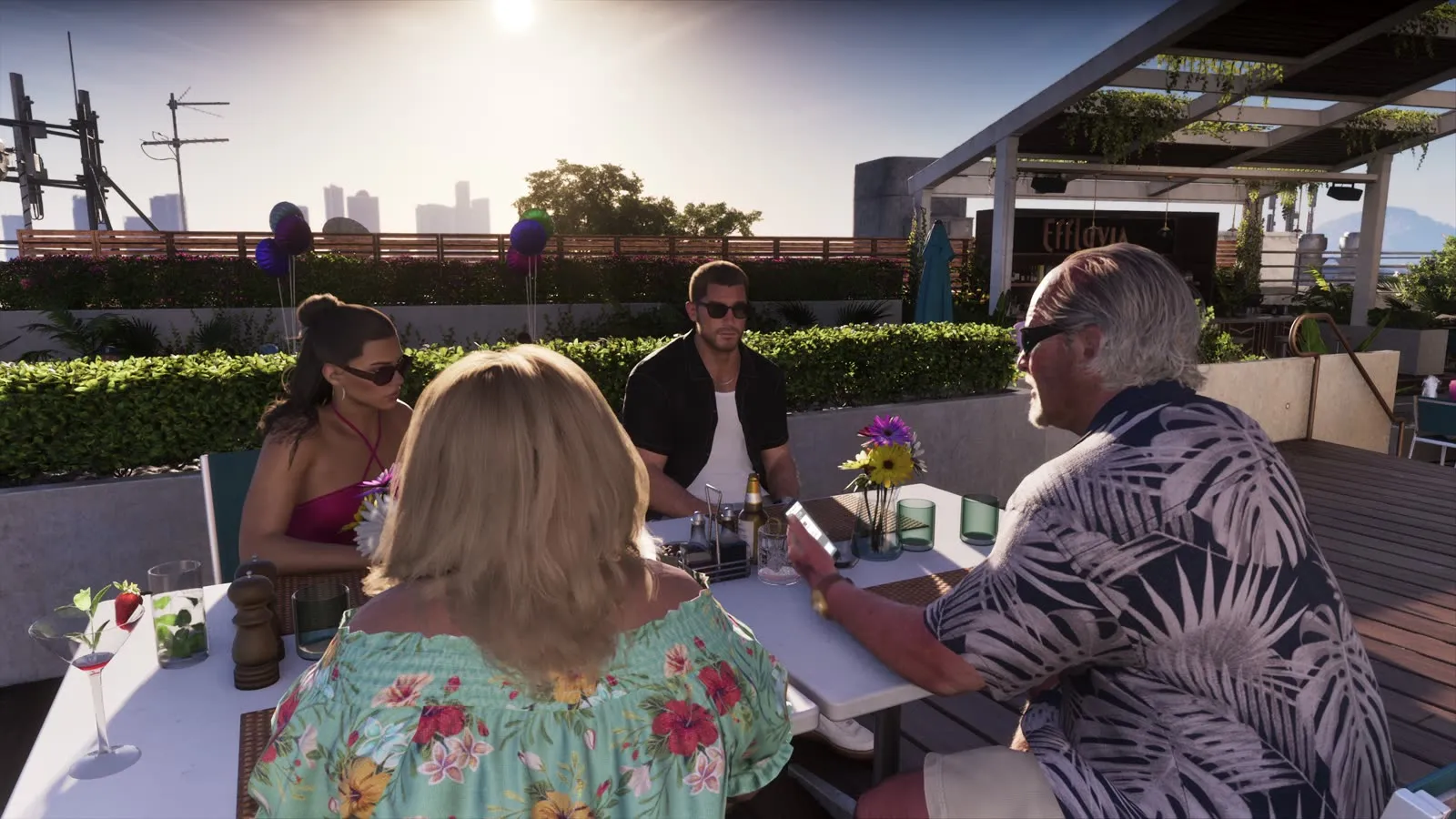 The rooftop table at Effluvia where Jason and Lucia meet Brian Heder and Lori, from the GTA 6 Extended Look