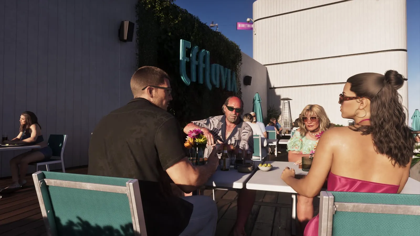 Drinks on the Effluvia rooftop table in the afternoon sun, from the GTA 6 Extended Look