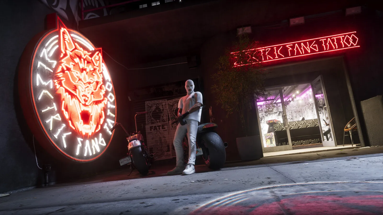 Official Rockstar render of the neon wolf sign outside Electric Fang Tattoo at night, a GTA VI Ultimate Edition shop