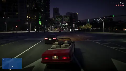 A night boulevard in Vice City with the wanted meter on screen, from the GTA 6 Extended Look