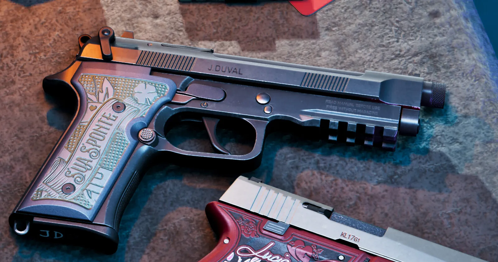 Official Rockstar render of Jason Duval's personalised Girardi ES9 pistol, slide engraved J. DUVAL, engraved grip panel, threaded barrel, lying on a poolside ledge