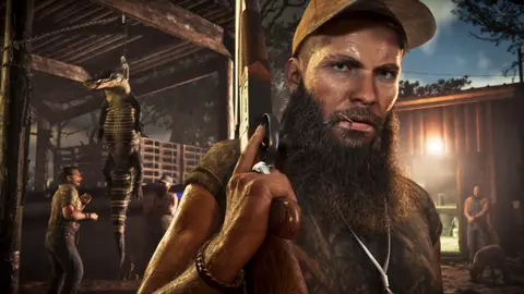 A bearded hunter with a break-action shotgun at a camp where a caught alligator hangs from a frame