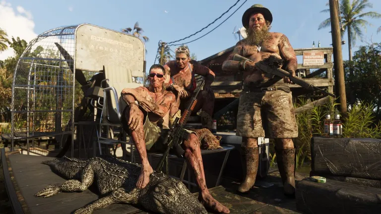 Grassrivers official screenshot from the GTA VI website - three mud-covered people posing on an airboat with a dead alligator