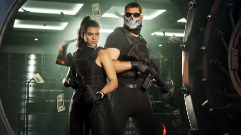 Jason and Lucia in body armour inside a bank vault, rifles in hand and banknotes in the air