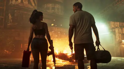 Jason and Lucia walking away from a burning car with a suitcase, a duffel bag and a carbine