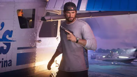 Jason with a pistol stepping out from behind a marina seaplane while police boats pass at dusk