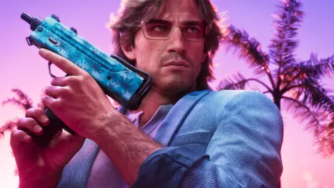 Jason in a linen suit holding a submachine gun finished in the tropical palm pattern