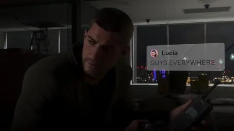 Jason on the phone to Lucia mid-firefight, her message reading GUYS EVERYWHERE, from the GTA 6 Extended Look