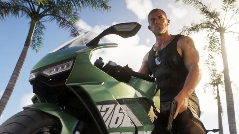 Jason Duval official artwork from the GTA VI website - Jason sitting on a motorcycle holding a handgun