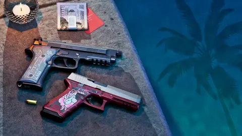 The pair of personalised pistols by a pool: the engraved Girardi ES9 marked J. DUVAL and the oxblood Klose K17 marked Lucia
