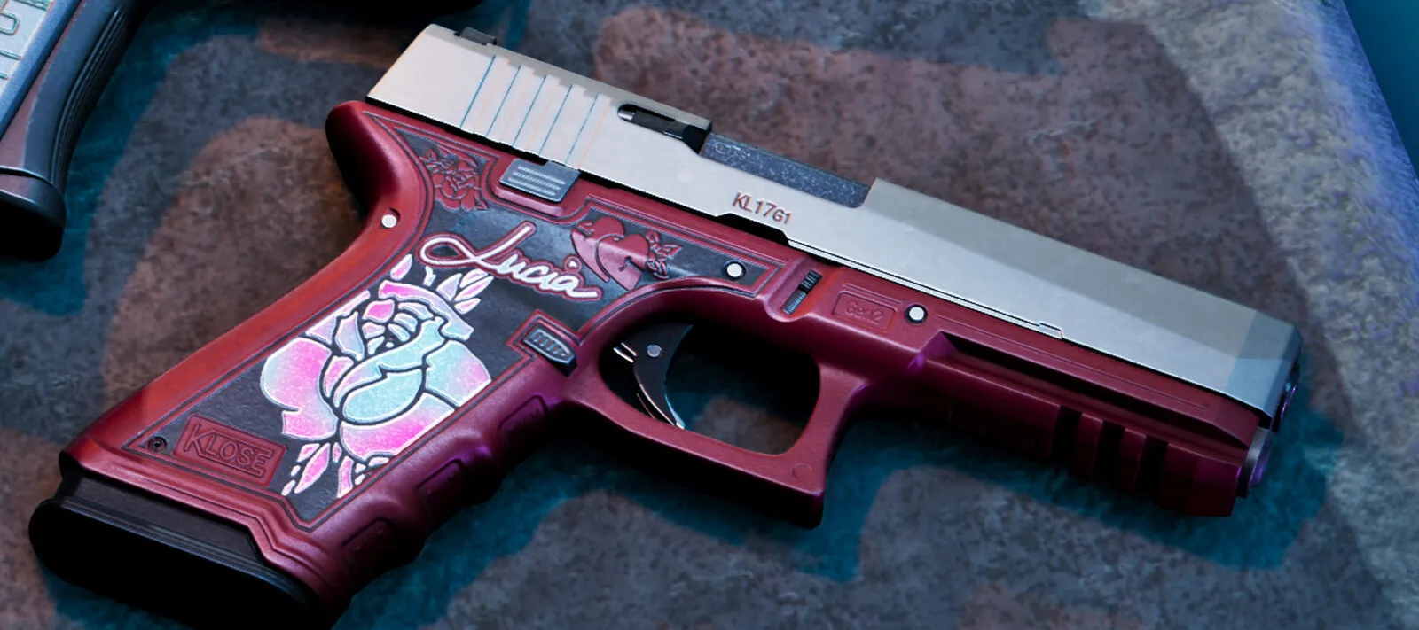 Official Rockstar render of Lucia Caminos's personalised Klose K17 pistol, deep red frame with a rose and the name Lucia painted on the grip, brushed slide marked KL1761