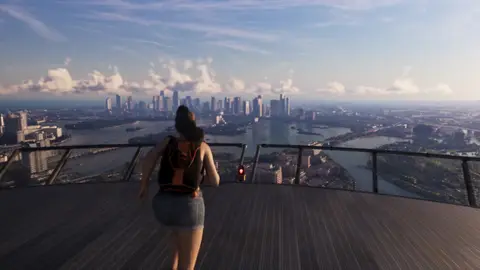 Standing on a rooftop edge above the Leonida bay before a base jump, from the GTA 6 Extended Look