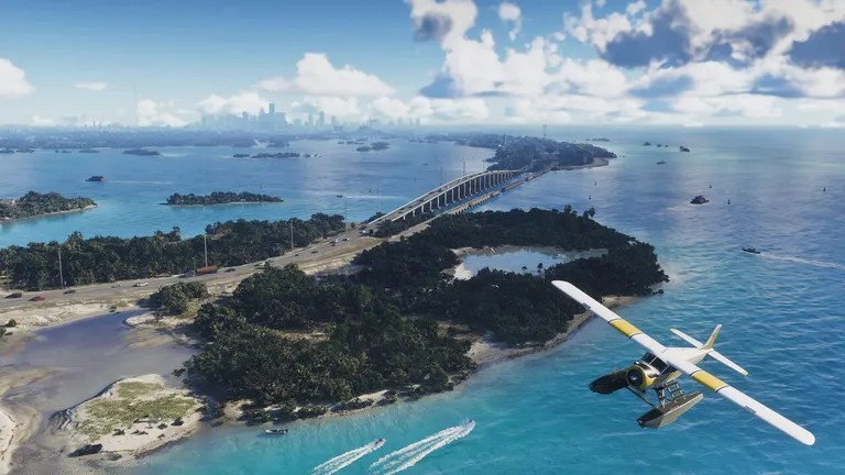 Leonida Keys official screenshot from the GTA VI website - a seaplane flying over water with an island bridge in the background