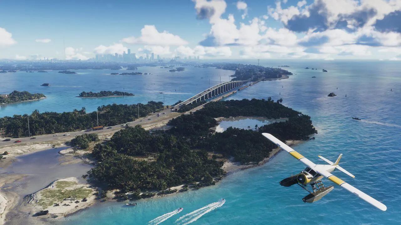 Leonida Keys official screenshot from the GTA VI website - a seaplane flying over water with an island bridge in the background