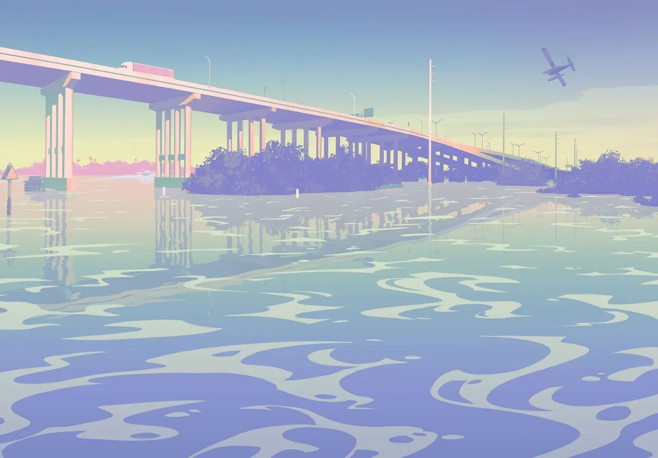 Official GTA VI website illustration of Leonida - a long highway bridge over calm water with a seaplane in the sky