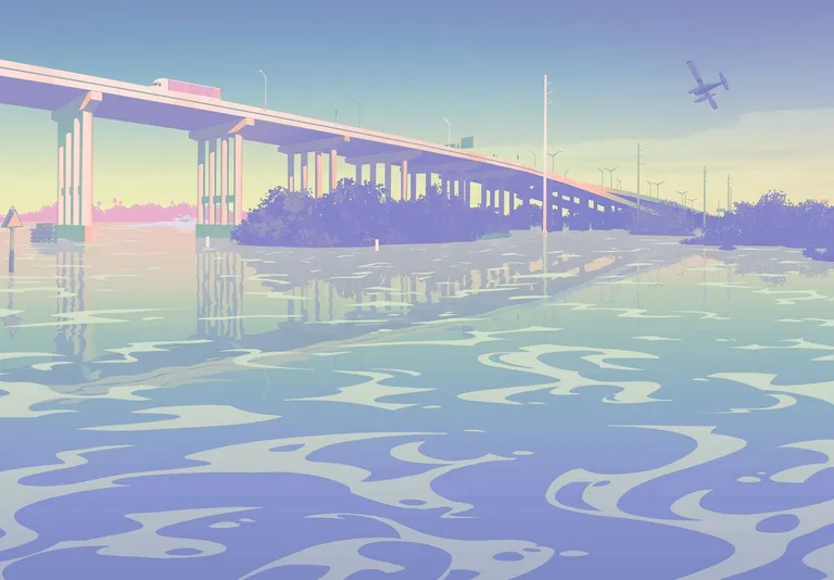 Official GTA VI website illustration of Leonida - a long highway bridge over calm water with a seaplane in the sky