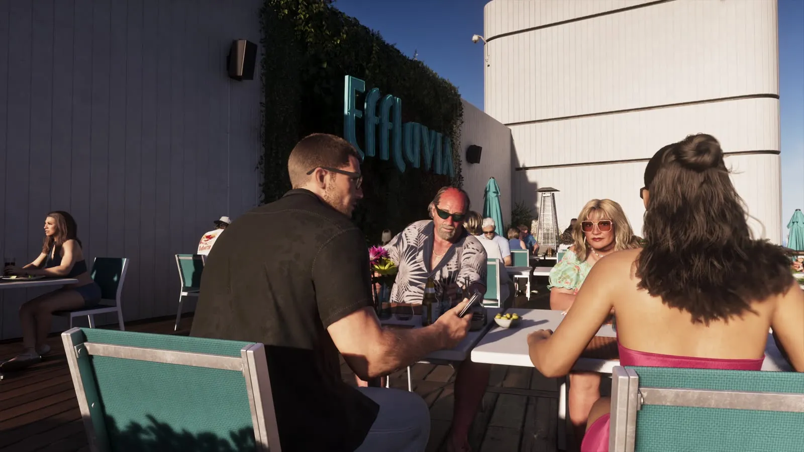 The rooftop table at Effluvia where Jason and Lucia meet Brian Heder and Lori, from Grand Theft Auto VI, An Extended Look