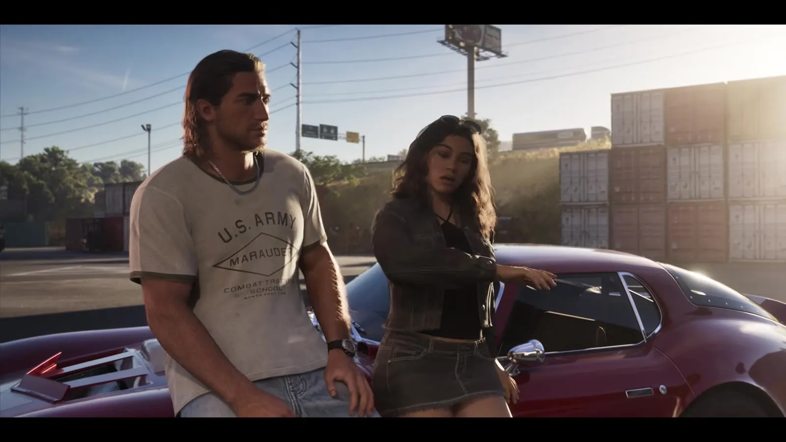 Jason im U.S.-Army-T-Shirt und Lucia neben einem roten Sportwagen, aus dem GTA 6 Launch Trailer